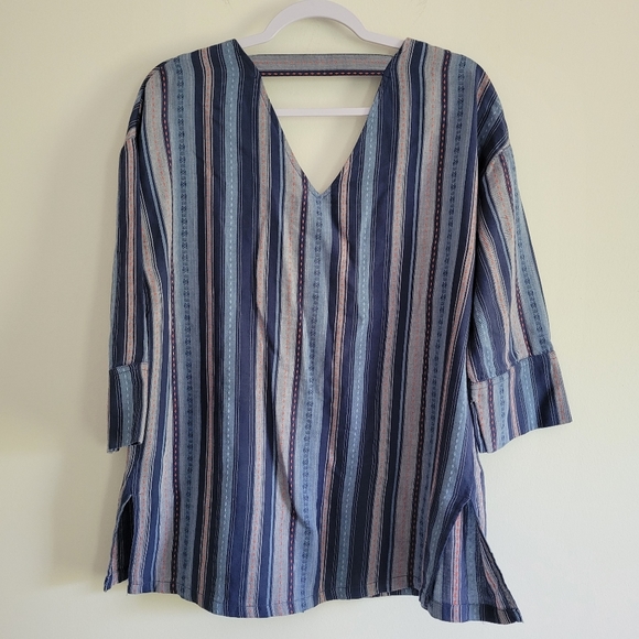 Anthropologie RD+Koko‎ Blue Striped 3/4 Sleeve V Neck Blouse Top Size M - Picture 3 of 10